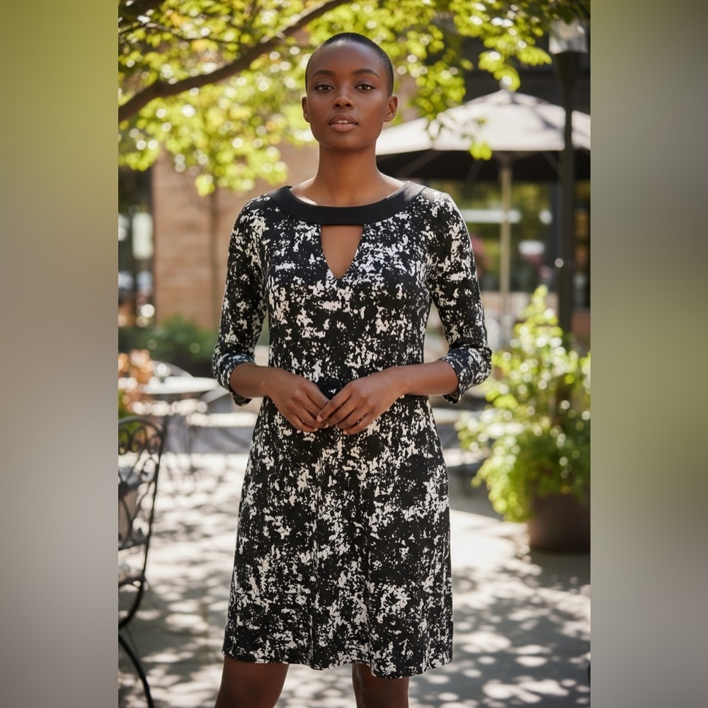 Banana Republic Black and White Abstract Design 3/4 Sleeve Dress, Size Small.